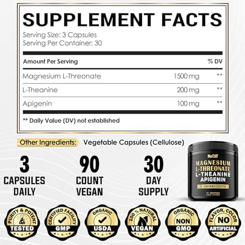 NUQIIT - Magnésio L-Treonato 1500mg L-Teanina 200mg Apigenina 100mg – 90 Cápsulas – Benefícios Impressionantes para Concentração e Mente Tranquila