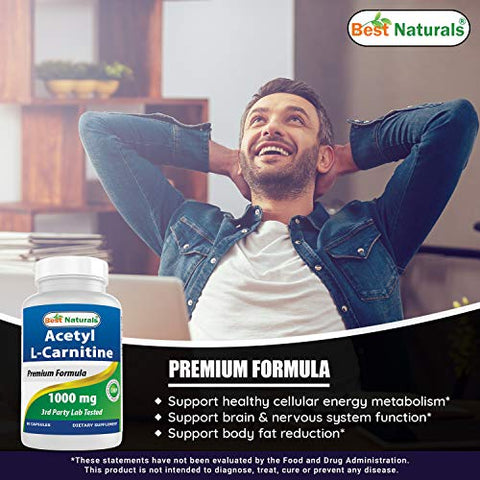 Best Naturals - Melhor Naturals Acetyl L-Carnitina 1000 mg 60 Cápsulas (60 Unidades – Pacote com 3) – Aumente sua energia e metabolismo!