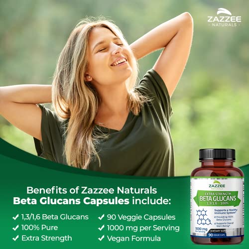 Extra Strength 1,3/1,6 Beta Glucans 1000 mg – 90 Cápsulas Veganas – Reforça o Sistema Imunológico – 100% Vegetariano e Natural - Zazzee