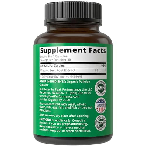Peak Performance - Cápsulas Veganas de Beterraba Orgânica USDA. Pó de Suco de Beterraba em Cápsulas Super Alimento 1200 mg. Cápsulas de Extrato de Beterraba para Aumento de Energia com Óxido Nítrico. Suplemento de Suporte de Polifenóis para