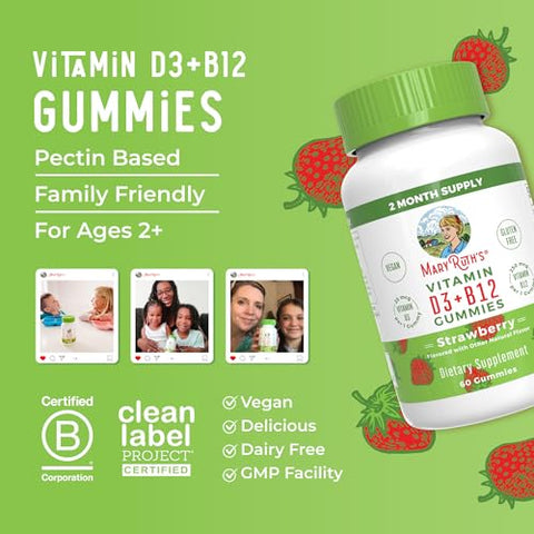 Gomas Veganas de Vitamina D3 e Vitamina B12 | Suprimento de 2 Meses | Suporte à Saúde Óssea | Suplemento de Suporte Imunológico | Suplementos Energéticos | Metil B12 Vegano Não-OGM - MaryRuth Organics