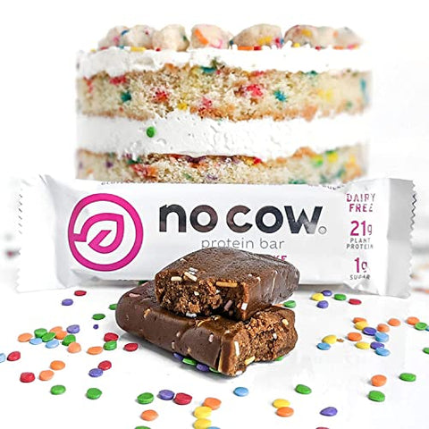 Barras de Alta Proteína, Sabor Bolo de Aniversário, 21g Proteína Vegana à Base de Plantas, Amigável ao Keto, Baixo em Açúcar, Baixo em Carboidratos, Baixa Caloria, Livre de Glúten, Adoçado Naturalmente, Livre de Laticínios, Não-OGM - No Cow