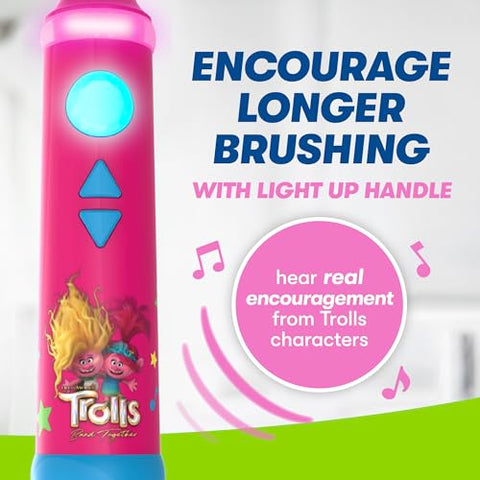 Kit Escova de Dentes Elétrica Inteligente FIREFLY Play Action Trolls, com Luzes, Música e Jogos Interativos, Pilhas Inclusas, Idade 3+