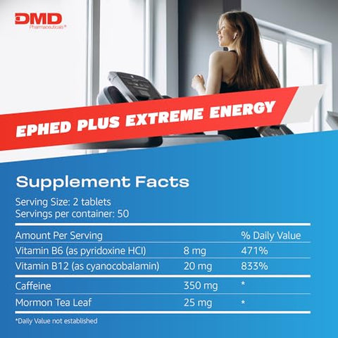 PEPTIME Energy - Ephed Plus Extreme Energy com Chá Mórmon, 350 mg de Cafeína e Vitaminas B6 e B12 – 100 Cápsulas