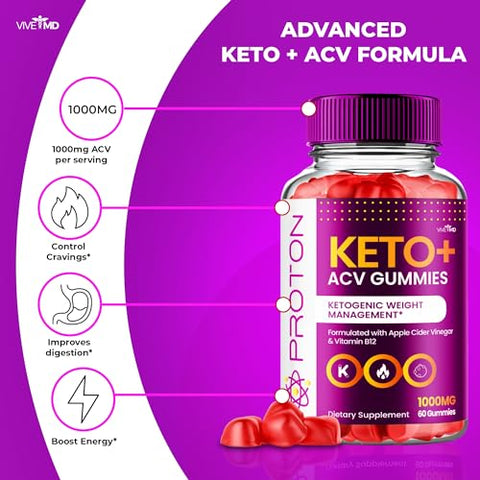 VIVE MD - Proton Keto Gummies Avançado para Gerenciamento de Peso, Gummies de Proteína Keto, Proton Keto Plus Gummies com Suplemento de Vinagre de Maçã 1000mg, Gummies Proton Keto ACV