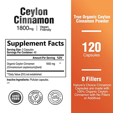 Nature's Choice - Cápsulas de Canela Ceylon Orgânica 1800mg – Suplemento Puro de Canela Certificada Orgânica, Livre de Transgênicos, Pó de Canela Sem Glúten, Comprimidos Antioxidantes de Canela, 120 Unidades