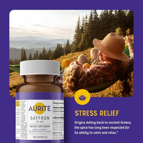 Aurite - Suplemento de Açafrão | Gerenciamento de Estresse, Suporte Herbal para o Humor, Memória de Longo Prazo, para Mulheres