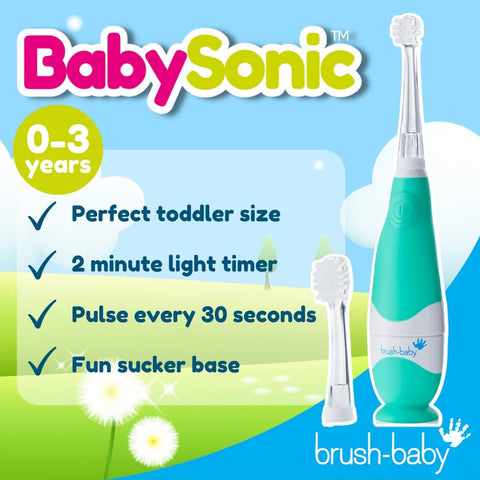 Escova de Dentes Elétrica para Bebês e Crianças brush-baby BabySonic de 0 a 3 Anos – Timer LED Inteligente e Vibração Suave Proporcionam uma Experiência Divertida de Escovação – Inclui 2 Escovas Sensíveis