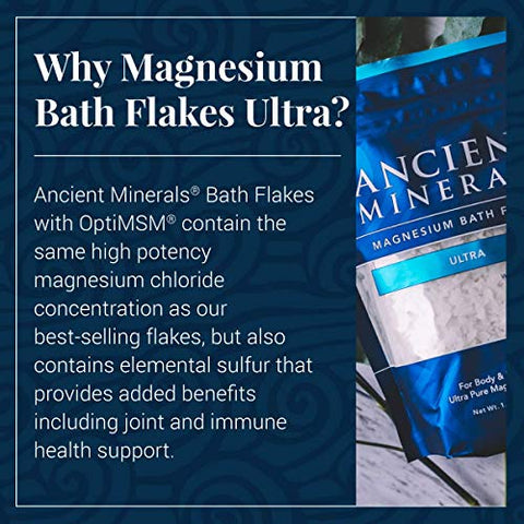 Flakes de Banho de Magnésio Ancient Minerals ULTRA com OptiMSM – Embalagem de Suplemento de Magnésio Reciclável de Cloreto de Zechstein com Absorção Comprovadamente Melhor que Sal de Banho de Epsom (750g)