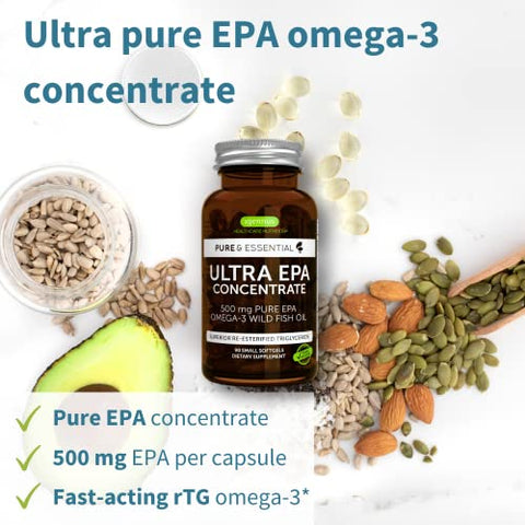 Igennus Healthcare Nutrition - Ultra Pure EPA, Concentrado de Ômega-3 500 mg de Óleo de Peixe Selvagem, Forma de Triglicerídeo rTG Mais Avançada, Não-OGM, 90 Cápsulas Softgel Pequenas, Puro