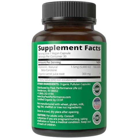 Vitamina A Orgânica Certificada 5000 UI Cápsulas de Suplemento de Alta Potência Feitas com Suco de Cenoura Orgânica. Ótimo para Suporte Imunológico, da Pele e dos Olhos. Não-OGM, 5000 UI - Peak Performance