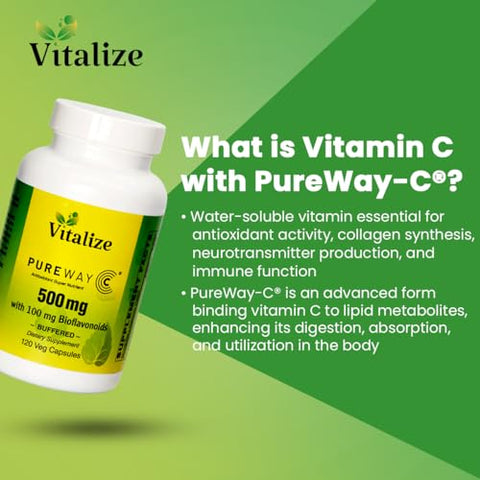 PUREWAY-C 500 MG BUFFERED | Suplemento de Vitamina C | Suporta Cicatrização de Feridas e Sistema Imunológico | Ácido Ascórbico Vitamina C | Absorção Celular Eficiente | Cada Frasco - Vitalize