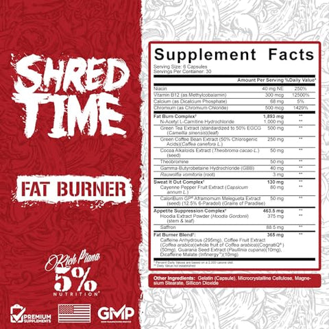 5% Nutrition - 5%% Nutrition Shred Time Queimador de Gordura | Chá Verde, Café, Pimenta Caiena, Teobromina, GBB | Supressão do Apetite | 30 Porções (180 Cápsulas)