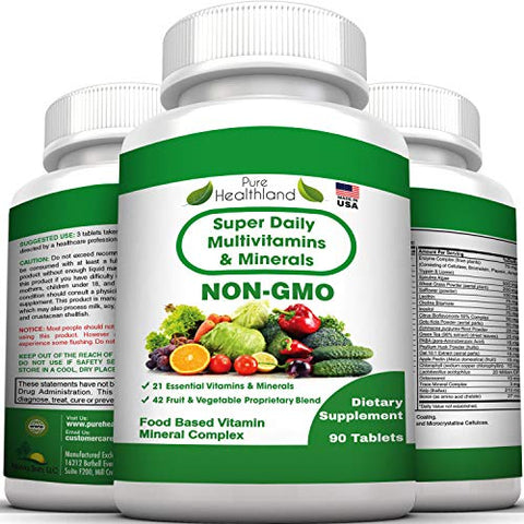 Pure Healthland - Suplemento Multivitamínico Diário Super Natural Sem OGM para Adultos Homens Mulheres Idosos com 42 Frutas Vegetais Naturais, 21 Vitaminas Minerais Essenciais. 90 Comprimidos. Vegano