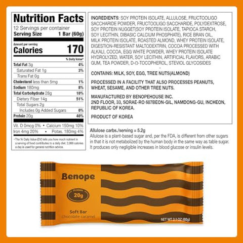 BENOPE - Benope Softbar – Barra de Proteína de Chocolate Caramelo 60g x 12un, Alta Proteína, Baixo Açúcar, Baixo Carboidrato, Sem Glúten, Barra Energética, Lanche Nutritivo, Snacks Proteicos