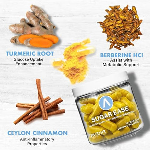 Avenir Nutrition - Sugar Ease – Suplemento Premium de Berberina, Vinagre de Maçã, Canela – Suporta a Função Cardiovascular e Gastrointestinal, Cápsulas de Nutrientes Orgânicos de Canela, 120 Cápsulas