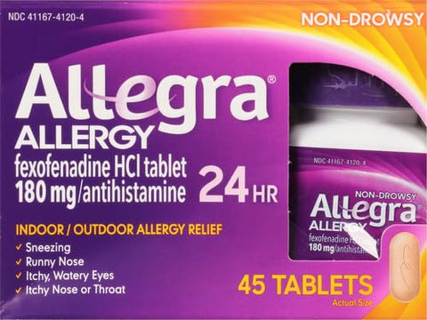 Adulto 24HR Antialérgico Não Sonolento, 45 Comprimidos, Alívio Rápido dos Sintomas de Alergia, 180 mg - Allegra