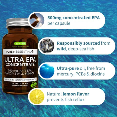Igennus Healthcare Nutrition - Ultra Pure EPA, Concentrado de Ômega-3 500 mg de Óleo de Peixe Selvagem, Forma de Triglicerídeo rTG Mais Avançada, Não-OGM, 90 Cápsulas Softgel Pequenas, Puro