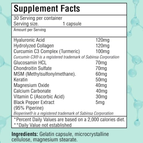 JOINT MARY - Suplemento Ácido Hialurônico – Suporte Avançado para Articulações com Colágeno Hidrolisado, Cúrcuma, Glucosamina, MSM, Vitamina C – 30 Cápsulas