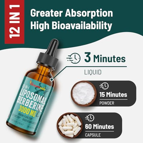 Vivaravida - Berberine HCl Drops 3000 mg – Líquido Liposomal de Berberina HCl – Ativador AMPK com Cúrcuma, Canela do Ceilão, 12 Ingredientes Naturais – 60 ml