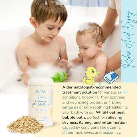 WIISH - Banho de Aveia para Bebês – Banho de Espuma para Pele Sensível com 30% de Aveia Coloidal | Extrato de Aloe Vera em Pó, Ingrediente Cicatrizante, Alivia Coceiras, Irritações e Ressecamento 16 oz (473 ml)