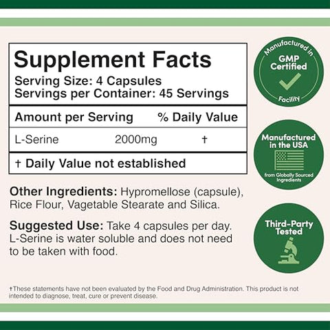 Double Wood Supplements - Cápsulas de L-Serina (Testadas por Terceiros) – 2.000mg por Porção Usadas em Estudo Clínico, 180 Unidades, 500mg por Cápsula (Aminoácido L-Serina para Produção de Serotonina e Suporte Cerebral)