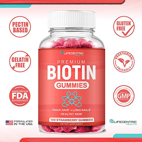 LifeCentric Health - Biotina Gummies para Crescimento Capilar | Biotina Max Strength 10000mcg Previne Afinamento e Queda | Gomas de Biotina Mastigáveis para Mulheres, Homens e Crianças | 100 Unidades Veganas de Gomas Capilares
