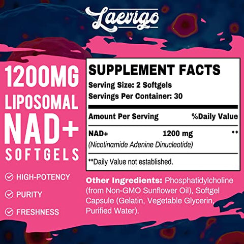 Laevigo - Suplemento Liposomal NAD 1200mg, Ultra Pureza Real, Absorção Aprimorada, Impulsionando NAD, Defesa contra o Envelhecimento, Energia, Reparo Metabólico, Suplemento NAD Ótimo, 60 Softgels