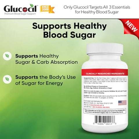 Cápsulas Vegetarianas Premium para Suporte Saudável de Açúcar no Sangue – Com Berberina, Folha de Amora Proprietária e Mais – 3 Essenciais para Açúcar no Sangue – Novo - Glucocil