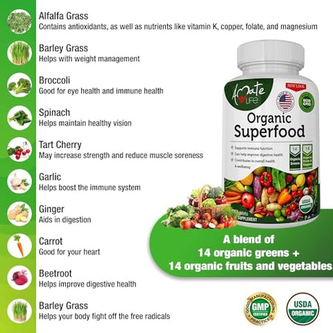 Amate Life - Complexo de Frutas e Vegetais Verdes Superfood Orgânico – Melhor Suplemento Alimentar com 14 Verdes