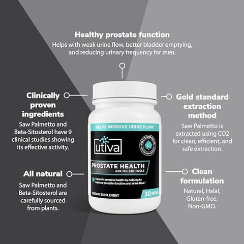 Szio+ - Utiva – Suplemento Natural para Saúde da Próstata e Fluxo Urinário – Fórmula com Beta-Sitosterol e Saw Palmetto – Fabricado no Canadá, 30 Softgels