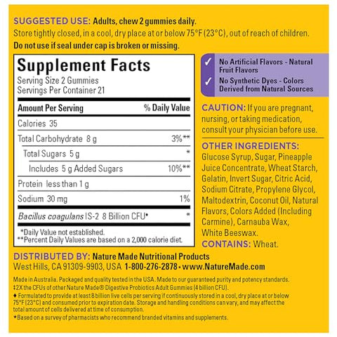 Ultra Strength Digestive Probiotics – Gomas Probióticas 42 Unidades, 21 Dias de Fornecimento para Mulheres e Homens - Nature Made