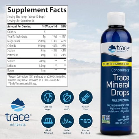 ConcenTrace Drops | Minerais Essenciais | Magnésio Líquido Iônico, Cloreto, Potássio | Baixo teor de Sódio | Energia, Eletrólitos, Hidratação | Fornecimento de 96 dias, 8 fl oz (236 ml) - Trace Minerals