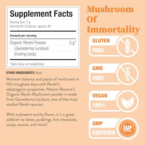 Reishi Mushroom Powder Orgânico Certificado USDA, 283g, Sem GMO, Sem Glúten, Embalado na Califórnia, Ganoderma Lucidum/Lingzhi - Nature Restore