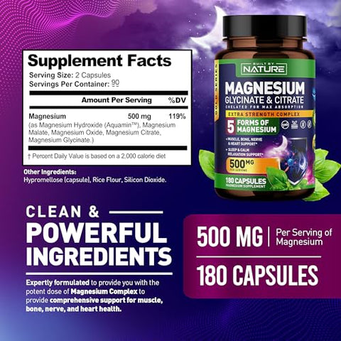 Built by Nature - Complexo de Magnésio 500mg – 5 Formas de Magnésio Glicinato, Citrato, Malato, Óxido