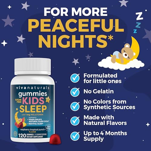 Viva Naturals - Gomas de Dormir para Crianças com Melatonina 1 mg – Veganas, Sem Glúten e Sem Açúcar – Suporte Calmante para o Sono em Goma Mastigável para Crianças a partir de 3 anos