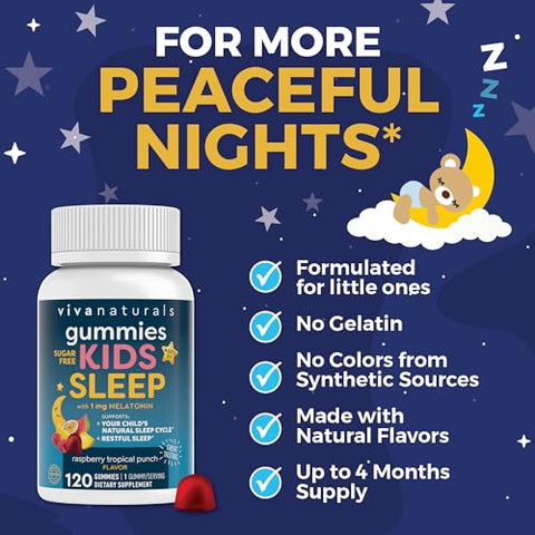 Viva Naturals - Gomas de Dormir para Crianças com Melatonina 1 mg – Veganas, Sem Glúten e Sem Açúcar – Suporte Calmante para o Sono em Goma Mastigável para Crianças a partir de 3 anos