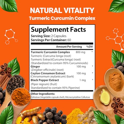 HARMONIFY - Suplemento de Curcuma Longa com Gengibre, Canela do Ceilão e Pimenta Preta 5 em 1, Suporte Articular de Absorção Máxima, 1000 mg, 120 Cápsulas de Extrato Herbal