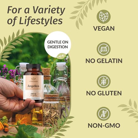 Suplemento de Raiz de Angélica e Dong Quai – Cápsulas de 1000 mg de Raiz de Dong Quai – Suplementos Antioxidantes de Erva de Angélica para Mulheres – Vegano, Não-OGM – 100 Cápsulas - HERBAMAMA