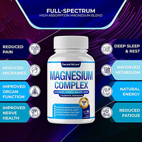 DECENT NATURE - Magnésio Complexo 7 Suplemento de Magnésio Elemental 1000mg – Glicinato, Citrato, Malato, Taurato, Óxido, Aspartato, Orotato Não-OGM 90 Cápsulas