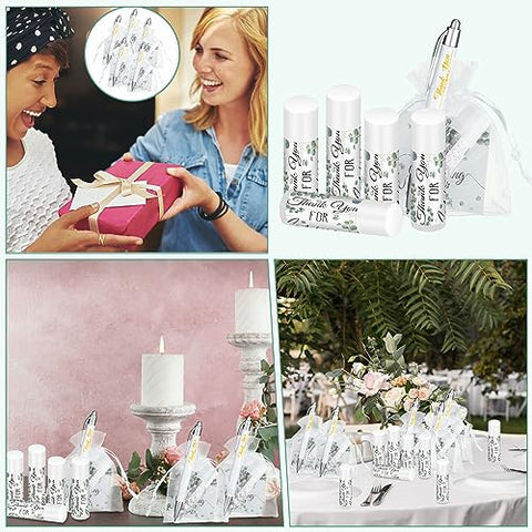 Heigble - Conjunto de 50 Presentes a Granel de Agradecimento Inclui Bálsamos Labiais, Caneta Esferográfica de Apreciação, Cartão de Agradecimento, Bolsa de Presente de Organza com Cordão para Casamentos, Festas de Chá de Bebê e Lembrancinhas