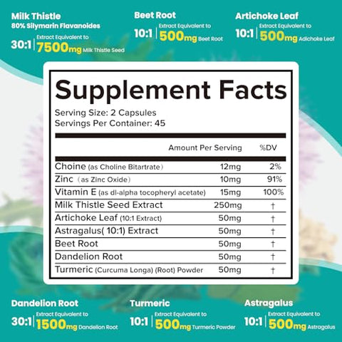 UIMISX - Milk Thistle – Fórmula de Desintoxicação do Fígado com Suporte Herbal de Cardo Mariano, Raiz de Dente-de-leão, Alcachofra, Cúrcuma, Astrágalo para a Saúde do Fígado, 90 Cápsulas