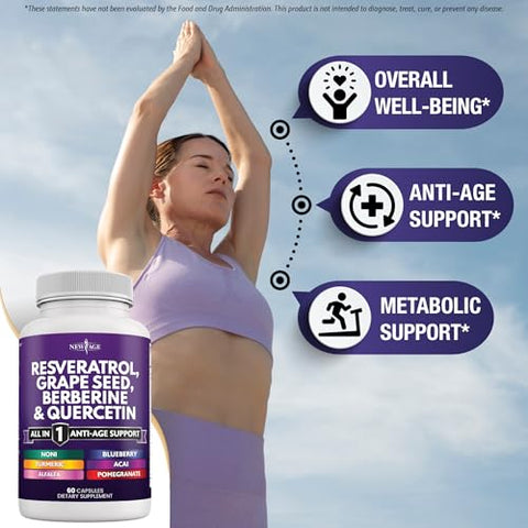 Resveratrol 6000mg Berberine 3000mg Extrato de Semente de Uva 3000mg Quercetina 4000mg – Suplemento Polifenólico para Mulheres e Homens com Extrato de Noni, N-Acetil Cisteína, Açaí – 100% Natural e Potente - NEW AGE