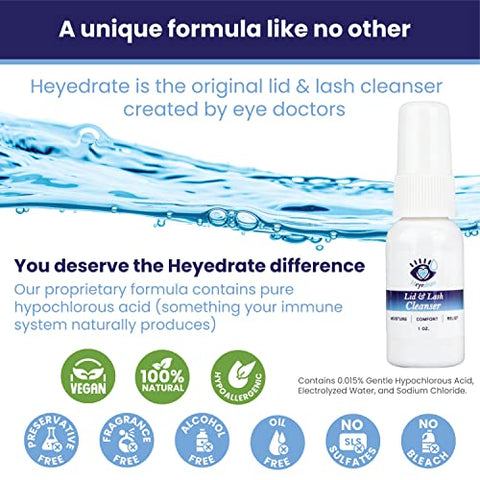 Eye Love - Heyedrate Spray de Limpeza para Pálpebras e Cílios – Fórmula Suave de Ácido Hipocloroso Puro para Irritação Ocular – Ação Rápida, Fórmula Calmante – Spray Diário de Limpeza para Pálpebras – Frasco de 30ml