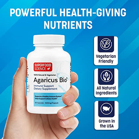 Superfood Science - Agaricus Bio 600 mg – Cápsulas de Agaricus Blazei Murill Orgânico dos EUA para Suporte Imunológico e Hepático