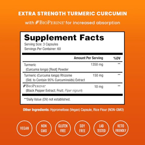 NutraChamps - Curcumina de Cúrcuma com Extrato de Pimenta Preta 1500mg | 95%% Curcuminoides Suplemento Extra Forte para Saúde das Articulações, Cérebro, Coração | 1500mg | Saúde Articular, Cérebro, Coração