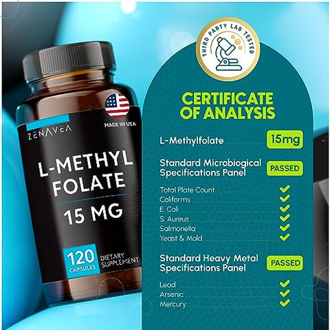 Zenavea - L-Methylfolate 15mg – Suplemento de L Methyl Folate, 5-MTHF para Deficiência de Ácido Fólico – Máxima Absorção e Potência – 15 mg de l-methylfolate – Folate 15 mg – 120 Veganas