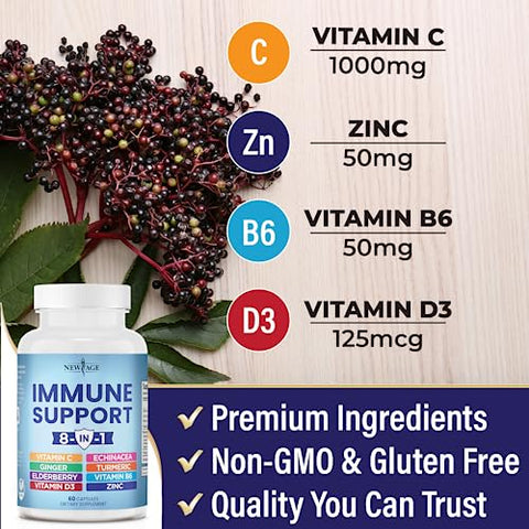 NEW AGE - 8 em 1 Suplemento Reforço Imunológico com Equinácea, Vitamina C e Zinco 50mg, Vitamina D 5000 UI, Cúrcuma Curcumina