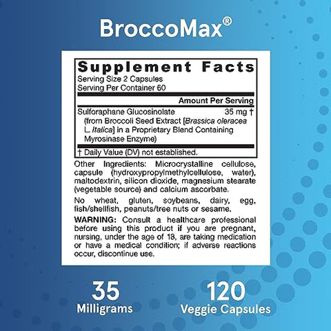 BroccoMax Gerador de Sulforafano 35 mg com Glucosinolato de Sulforafano e Mirosinase, Suplemento Alimentar para Suporte à Saúde do Fígado, 120 Cápsulas Vegetais de Liberação Retardada - Jarrow Formulas