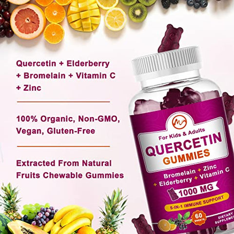 M inch - (2 Pacotes) Gomas de Quercetina com Bromelina, Sabugueiro, Zinco e Vitamina C – Quercetina Mastigável 1000 mg para Imunidade, Cardiovascular, Alergia, Suporte ao Envelhecimento – Vegano